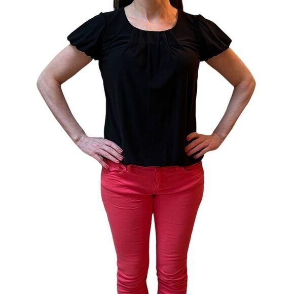 WHBM Black Crew Neck Pleated Blouse - Picture 3 of 12